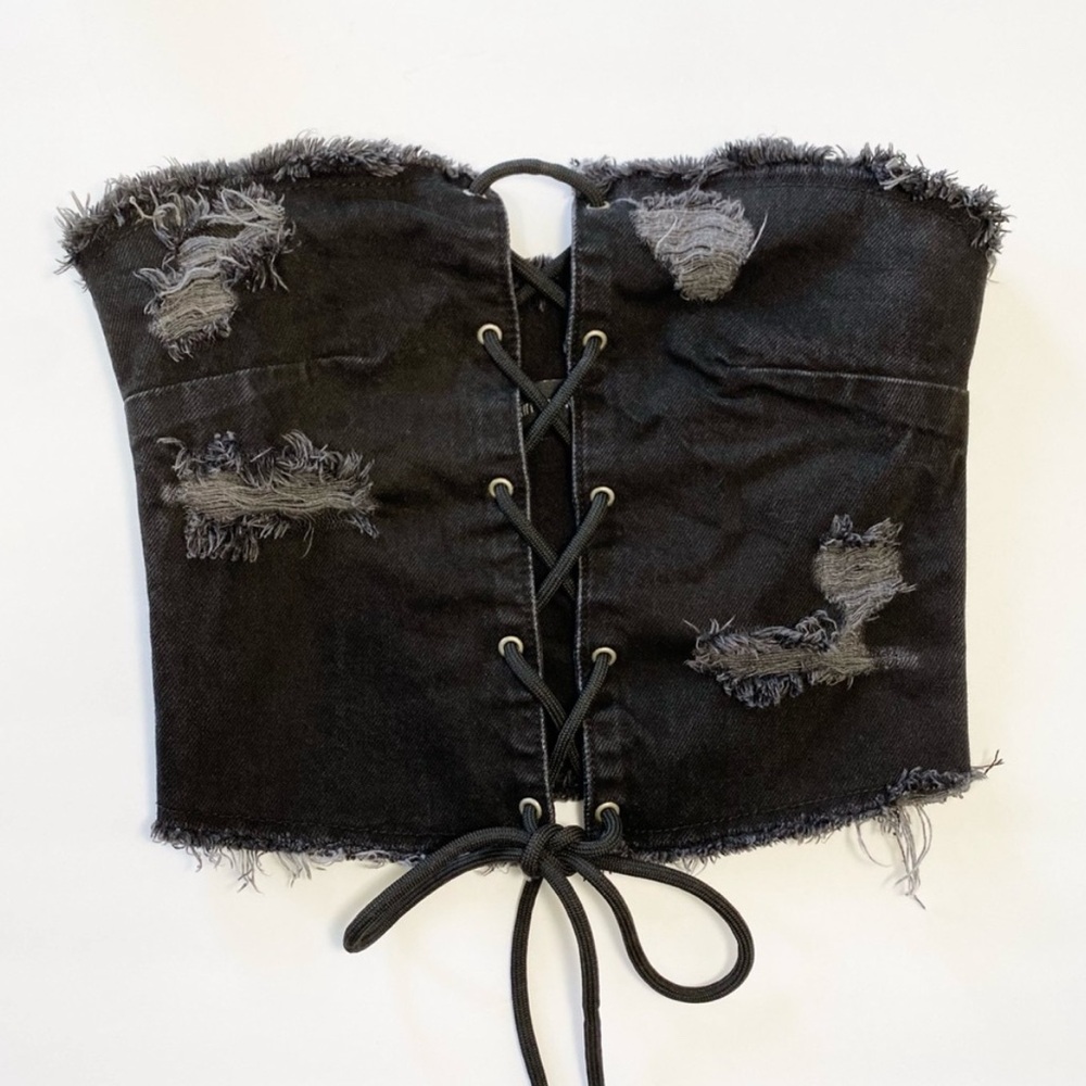 Pretty Little Thing Denim Black Distressed Lace-Up Corset Top Size 4